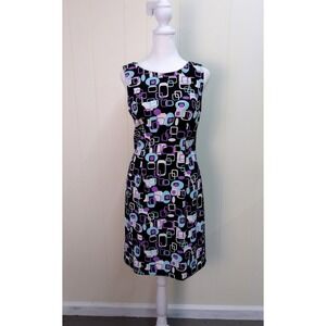 Connected Geometric‎ Print Dress Black Purple Blue Mod Shift Career Sz 6/ #8054